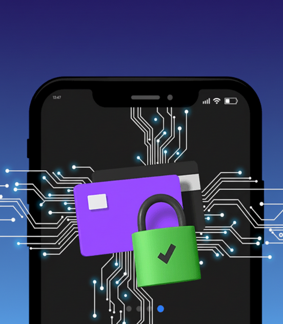 A secure lock over a virtual credit card, symbolizing financial security.